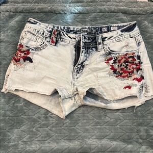 Miss Me Women's Distressed Denim Shorts - Gray with Red Accents